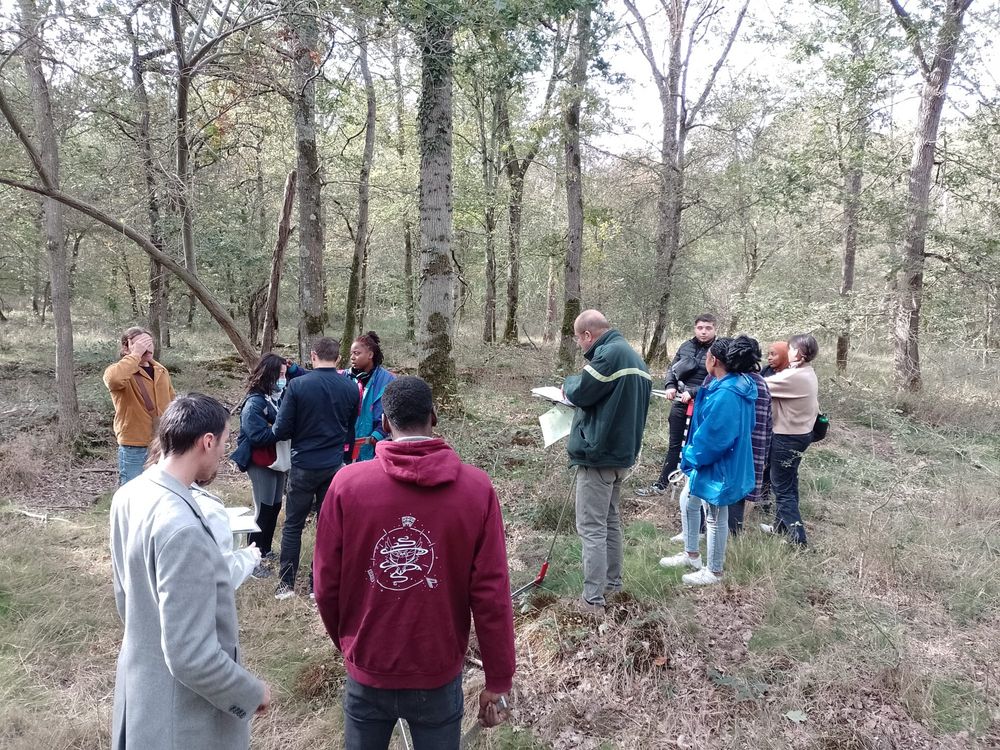 Les étudiants de la promotion 2023/2024 en forêt de Sénart avec un animateur "Nature" de l'Office National des Forêts (ONF).